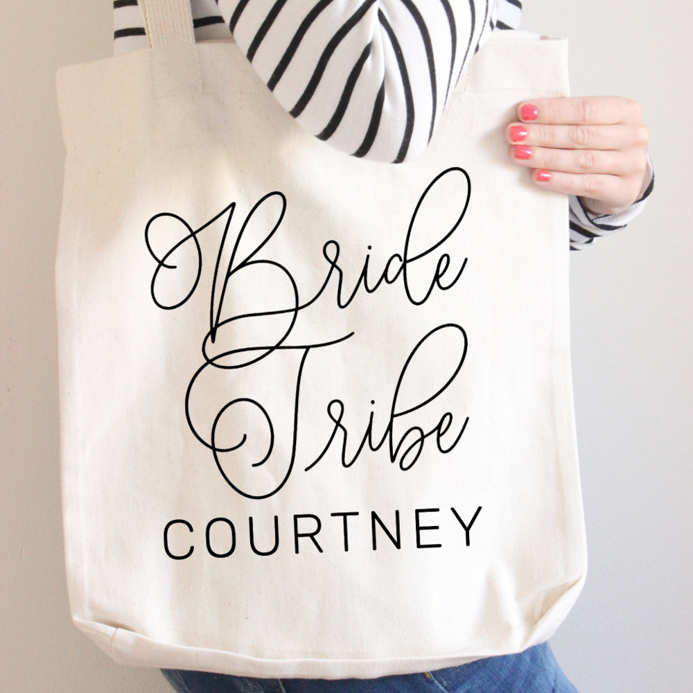 Bride Tribe Black Modern Script Custom Wedding Tote Bag